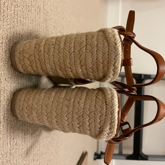 Yves Saint Laurent Tribute Brown Leather Espadrille Wedge Sandals - Picture 8 of 10